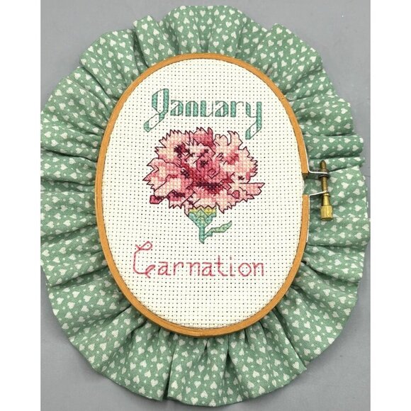 Handmade January Carnation Cross Stitch Wall Art With Ruffled Fabric Frame - Picture 1 of 4